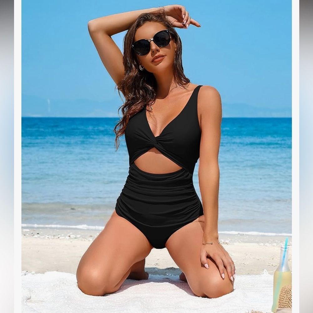 NWT CHARMO UPF 50+ Ruched Front Tummy Conteol Black One-Piece Swimsuit Medium - Picture 10 of 16